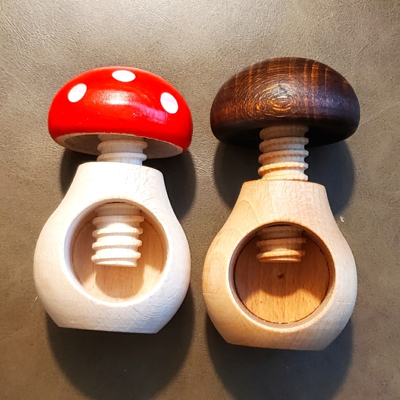 NWT Handmade Wooden Mushroom Nutcrackers Made in Europe Red Polka Nut Cracker - Picture 2 of 16